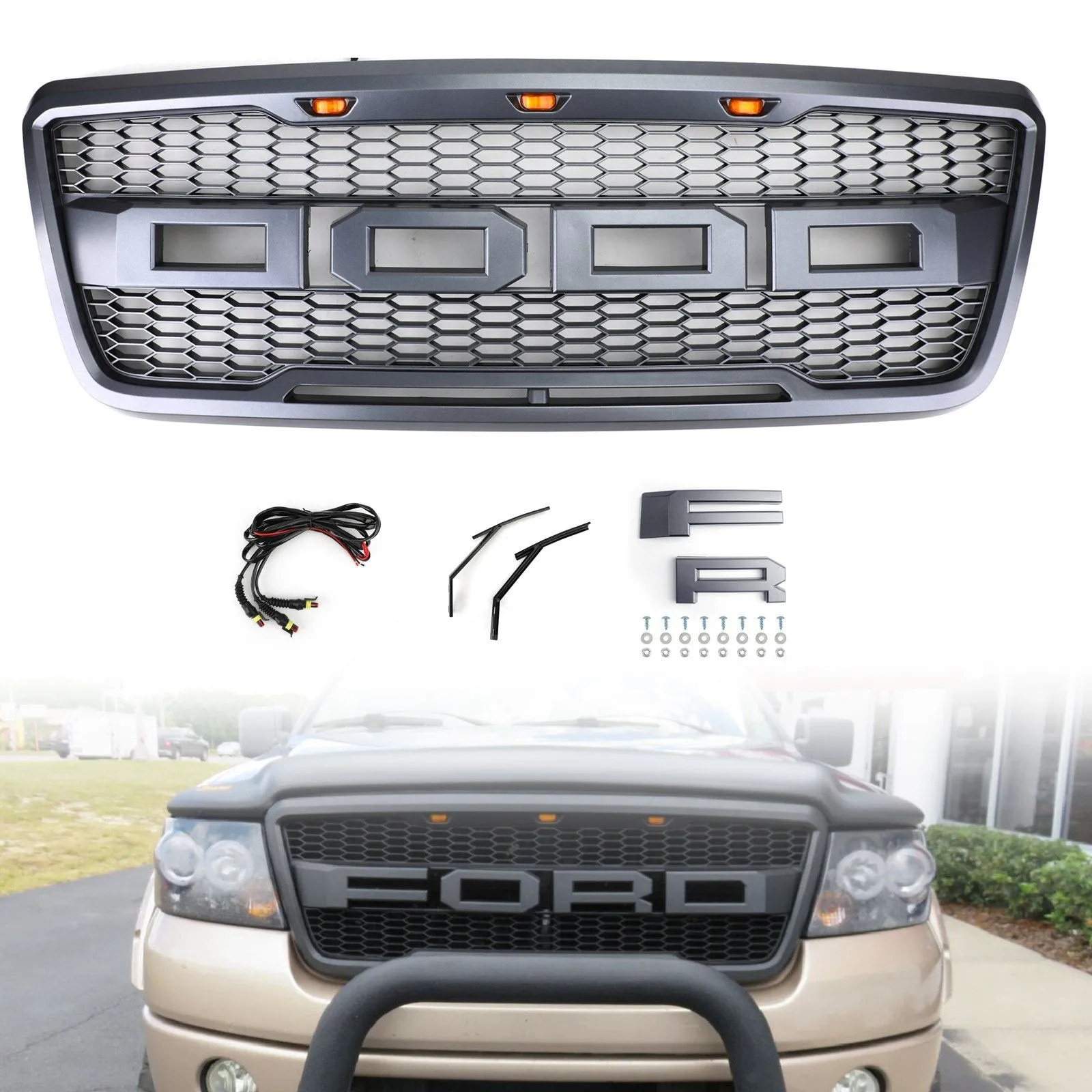 F150 2004-2008 Grille de rechange pour grille de capot en maille avant Ford Style Raptor avec LED générique