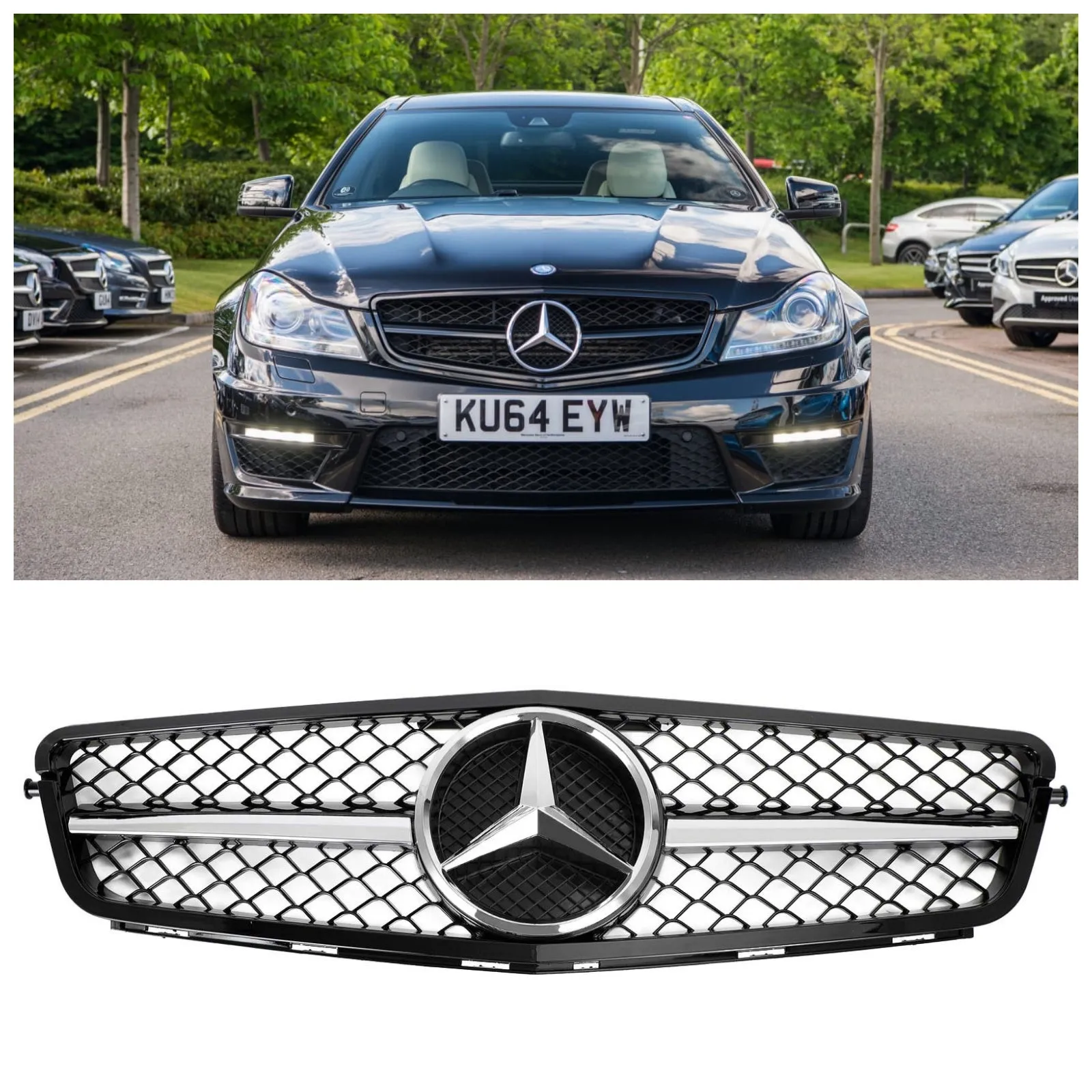 2008-2014 Classe C Benz W204 C300 C350 ABS Grille de pare-chocs avant Noir brillant Chrome