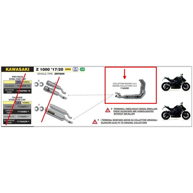 COLLETTORI RACING ARROW KAWASAKI Z 1000 2017-2020, PER DOPPIO TERMINALE DI SCARICO