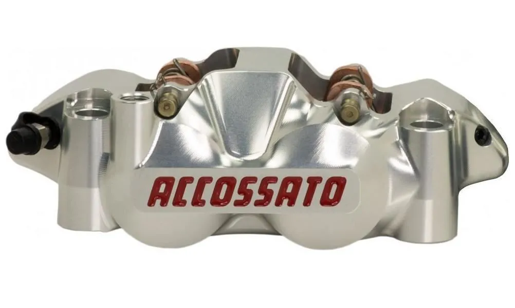 Pinza freno radiale monoblocco CNC ricavata dal pieno Accossato interasse 108mm - PISTONI IN TITANIO (versione OSSIDATA SILVER)