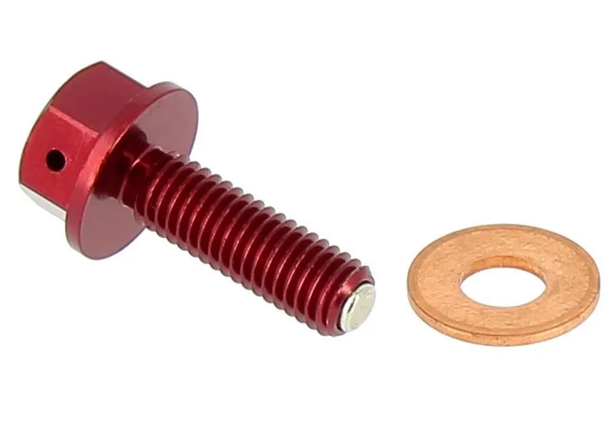 Tappo scarico olio in ergal anodizzato rosso con inserto magnetico Motocross Marketing AV3441R