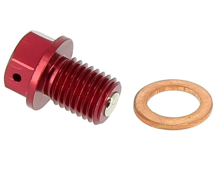 Tappo scarico olio in ergal anodizzato rosso con inserto magnetico Motocross Marketing AV3445R
